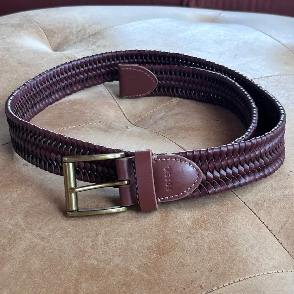Fossil Maddox Genuine Leather Woven Belt Brown Solid Brass Buckle Western 38